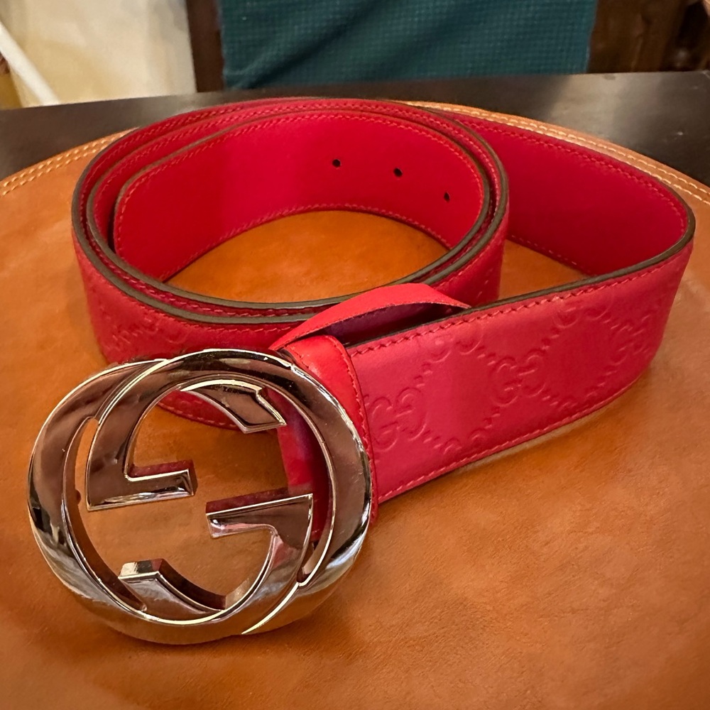 Gucci Red Leather Belt with Silver GG Buckle